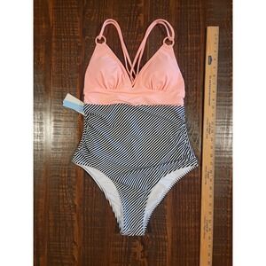 NWT Cupshe Womens One Piece Swimsuit Size Large Black,White & Bright Coral